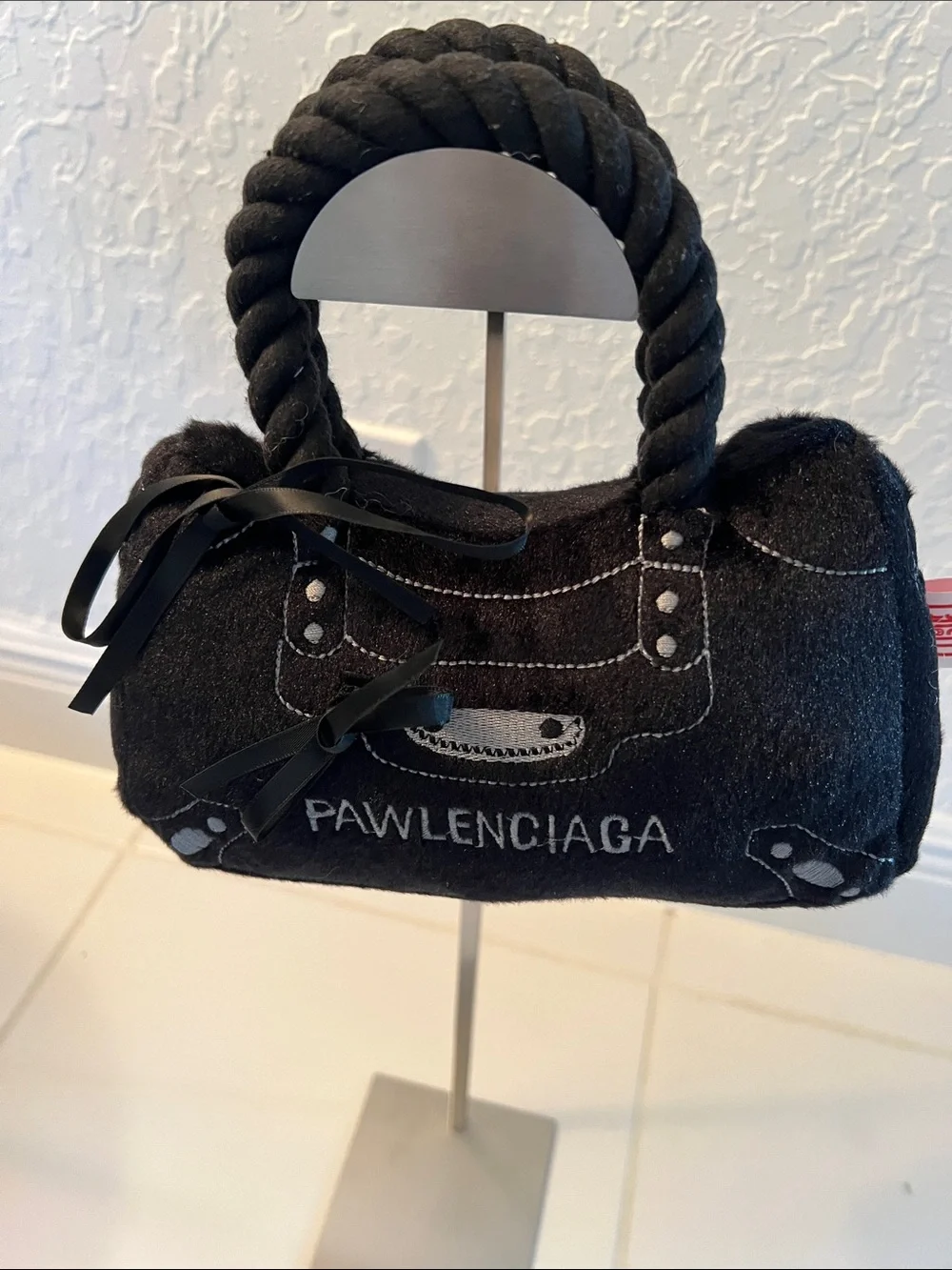 PALENCIAGA NWT Black Plush HANDBAG Dog Toy with Rope Handle for large dogs.